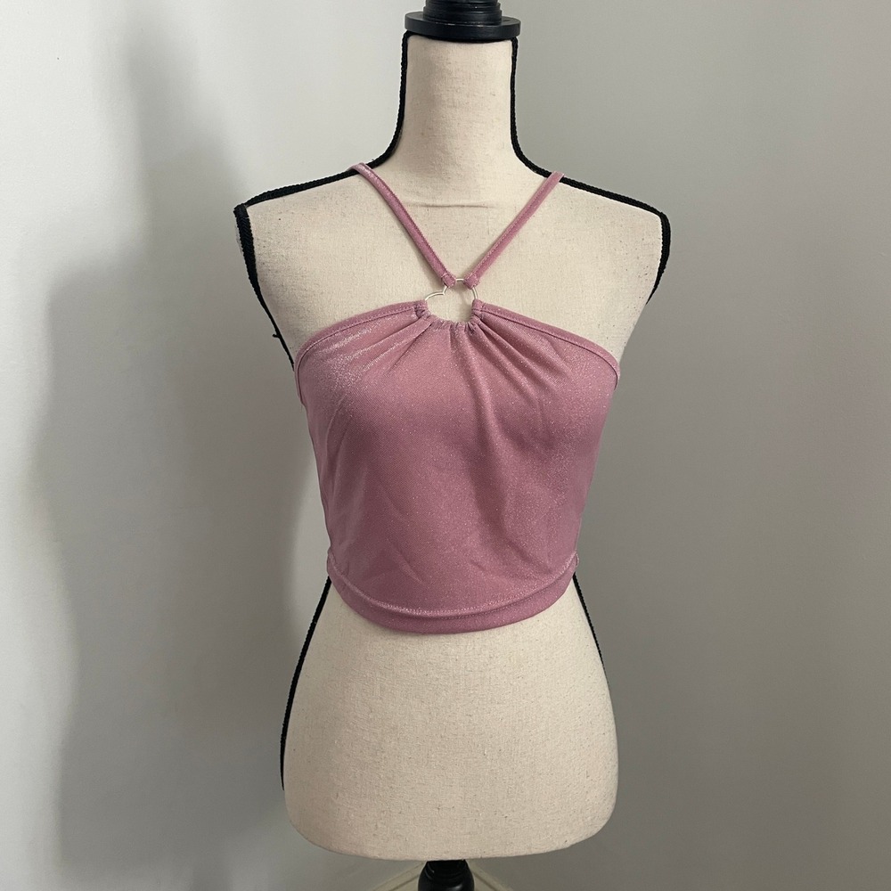 Pastel Pink Glitter Heart Ring Halter Top sz Small Cropped Shimmer Y2K Going Out
